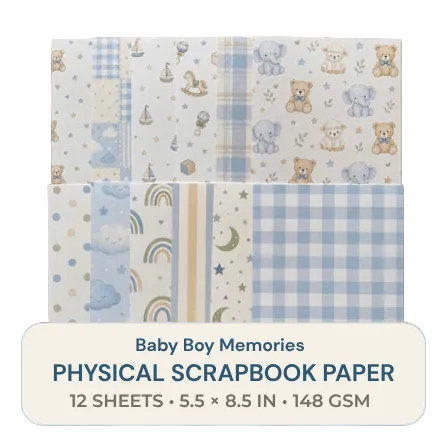 Baby Boy Memories physical scrapbook paper pack with 12 dusty blue nursery designs