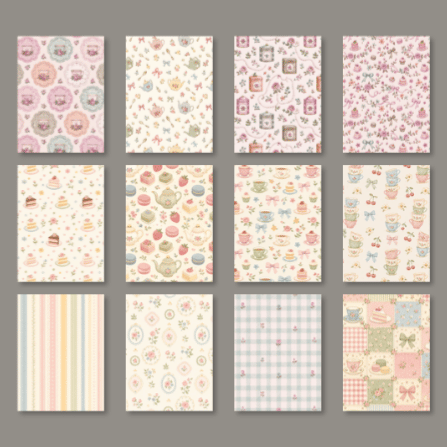 Twelve-sheet Whimsical Tea Party paper pack in 5.5 by 8.5 inch 148 gsm format