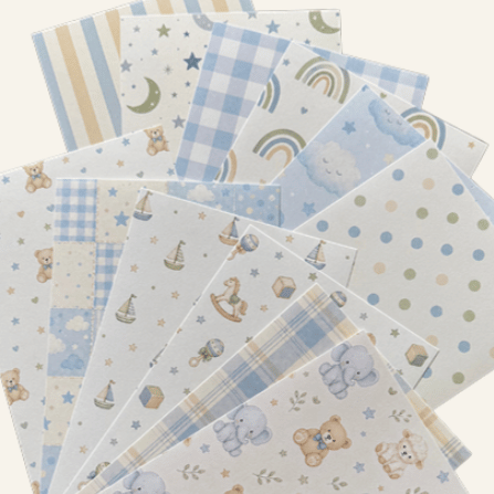 Baby Boy Memories printed papers featuring teddy bears, moons, sailboats and coordinating patterns