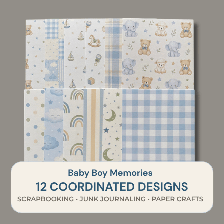 Baby Boy Memories physical scrapbook paper pack with 12 coordinated nursery designs