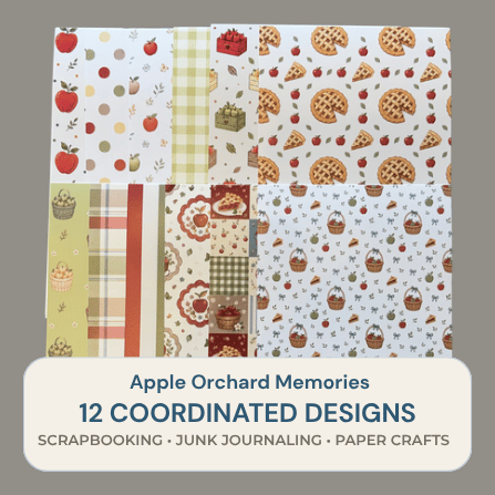 Apple Orchard Memories physical scrapbook paper pack with 12 coordinated autumn designs