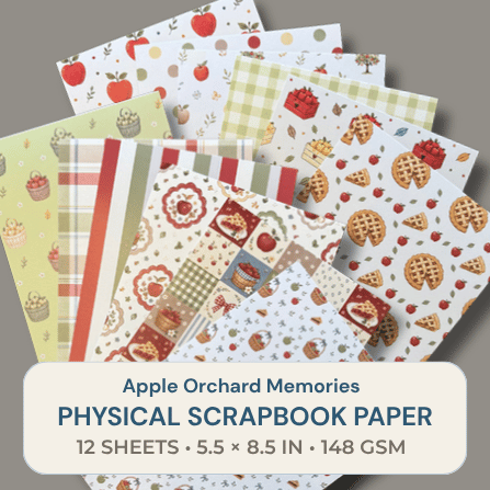 Apple Orchard scrapbook paper patterns featuring apples, baskets, blossoms and gingham