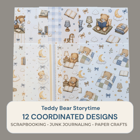 Teddy Bear Storytime physical scrapbook paper pack with 12 coordinated nursery designs