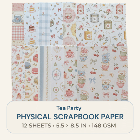 Whimsical Tea Party physical scrapbook paper pack with 12 pastel printed sheets