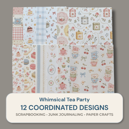 Whimsical Tea Party physical scrapbook paper pack with 12 coordinated pastel designs